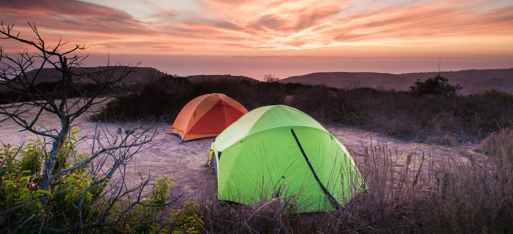 Two tents set up at the top of a mountain in California